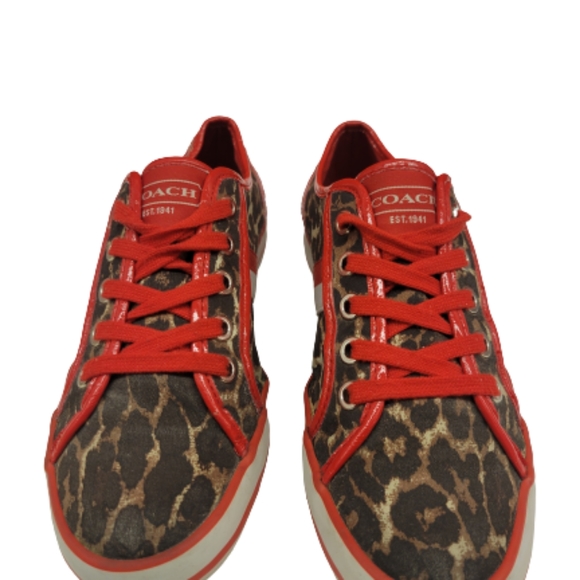 Coach "Deja" Leopard Print Lace Canvas Red Brown Black & White Size 6B - Picture 2 of 9